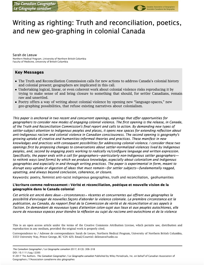 L’écriture en matière de droits : Vérité et réconciliation, poétique et nouvelle géographie du Canada colonial