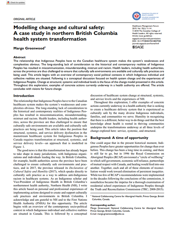 Modelling change and cultural safety: ;A case study in northern British Columbia health system transformation