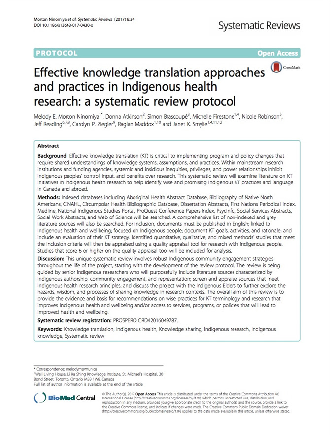 Effective knowledge translation approaches and practices in Indigenous health research: A systematic review protocol
