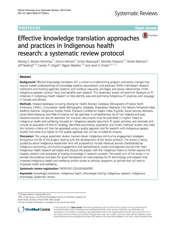 Méthodes et pratiques efficaces d'application des connaissances dans la recherche sur la santé des Autochtones : un protocole de revue systématique