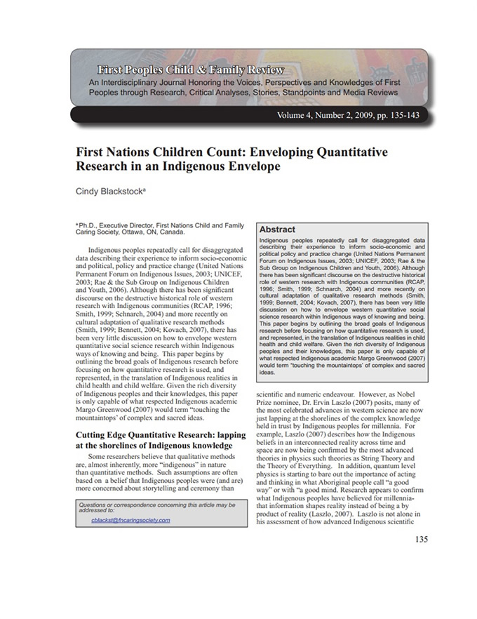 First Nations Children Count: Enveloping quantitative research in an Indigenous envelope
