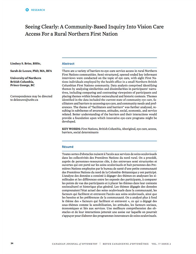 Seeing Clearly: A Community-Based Inquiry Into Vision Care Access For a Rural Northern First Nation