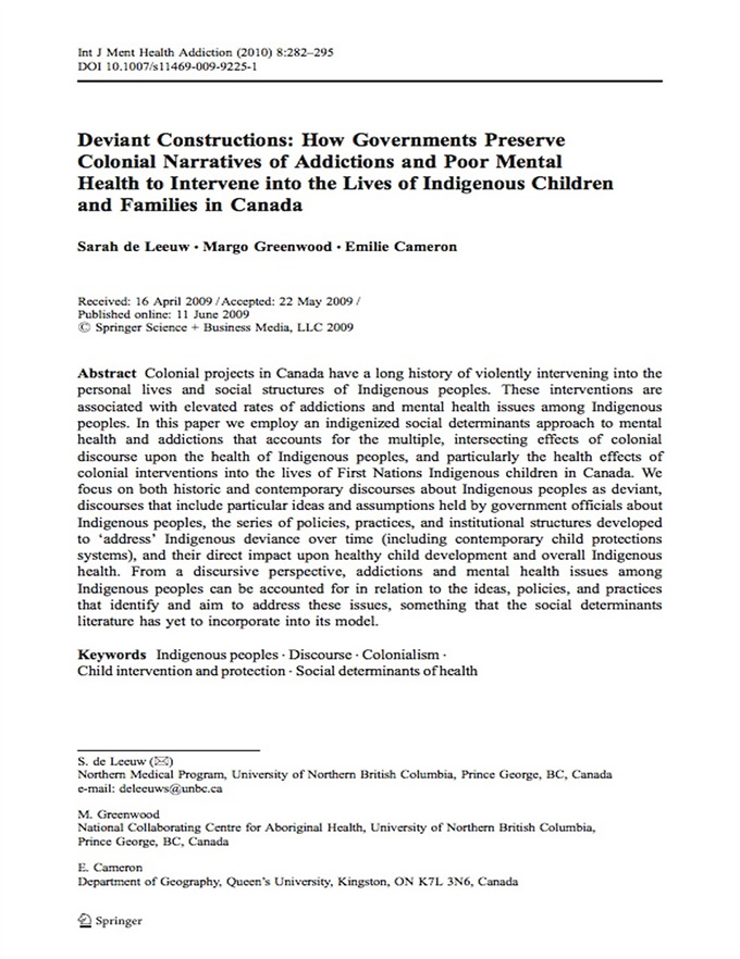 Deviant Constructions: How governments preserve colonial narratives of addiction and poor mental health to intervene into the lives of Indigenous children and families in Canada