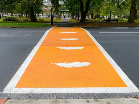 Crosswalk painted orange with feathers motifs